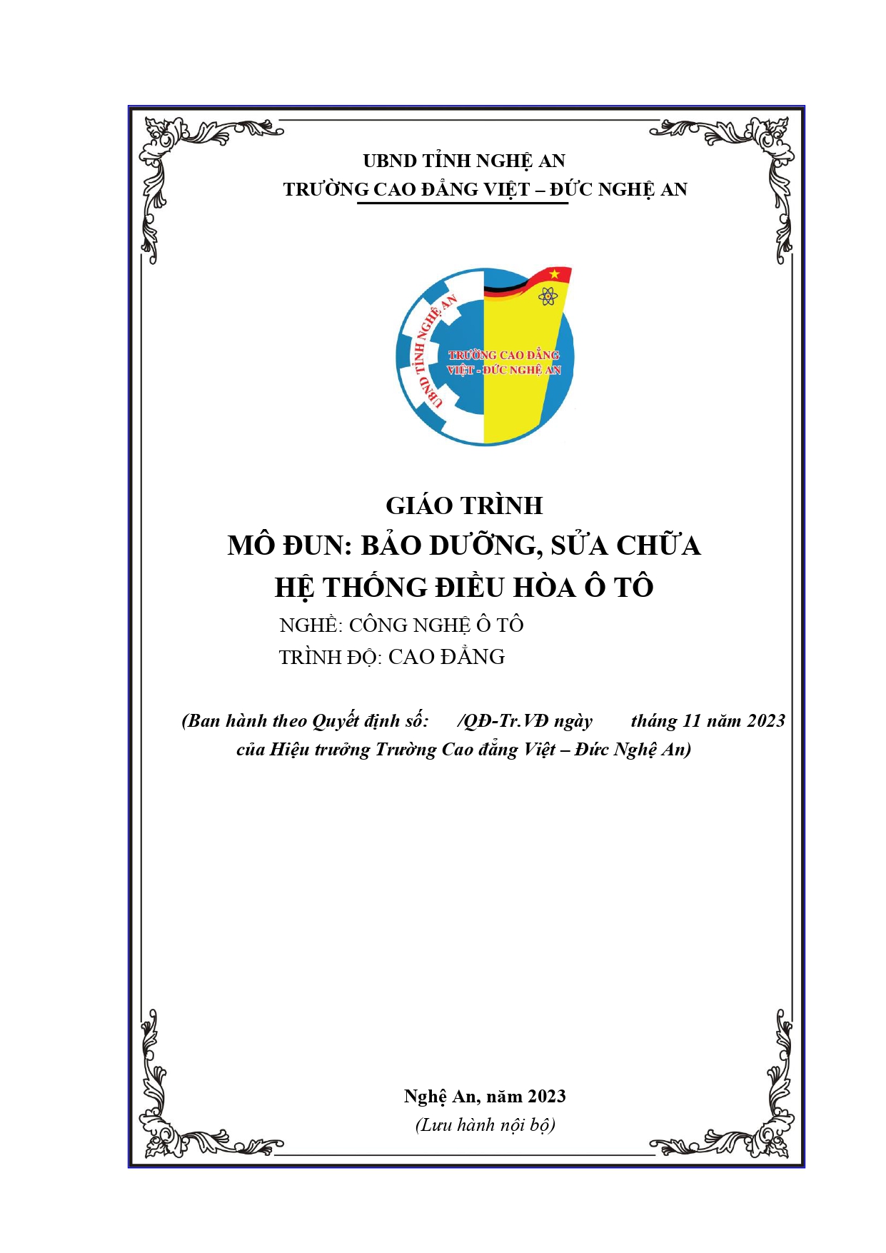 GIÁO TRÌNH BẢO DƯỠNG, SỮA CHỮA HỆ THỐNG ĐIỀU HÒA Ô TÔ
