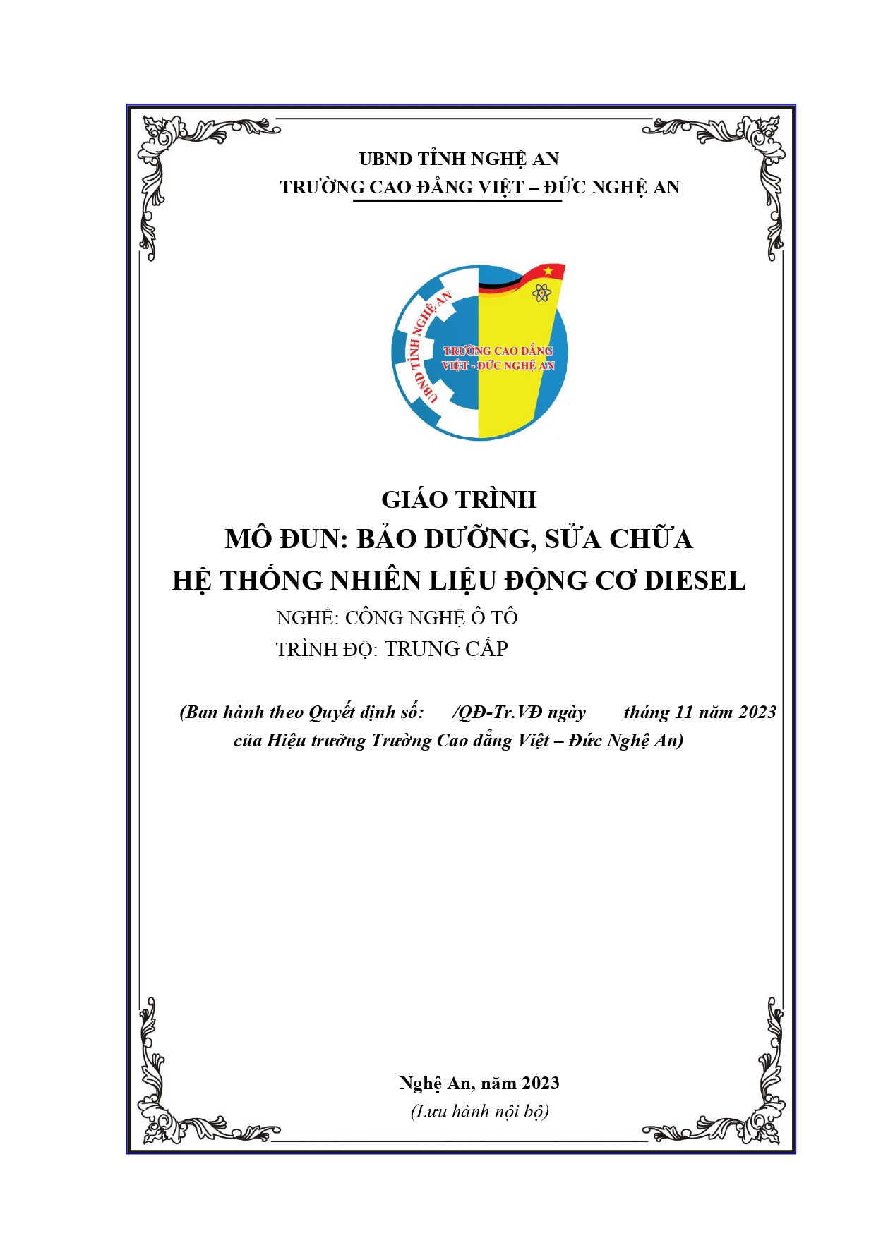 GIÁO TRÌNH BẢO DƯỠNG, SỮA CHỮA HỆ THỐNG NHIÊN LIỆU ĐỘNG CƠ DIEZEL