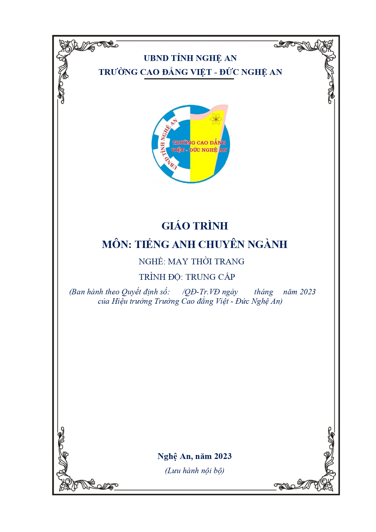 GIÁO TRÌNH MÔN TIẾNG ANH CHUYÊN NGÀNH, NGHỀ MAY THỜI TRANG, TRÌNH ĐỘ TRUNG CẤP