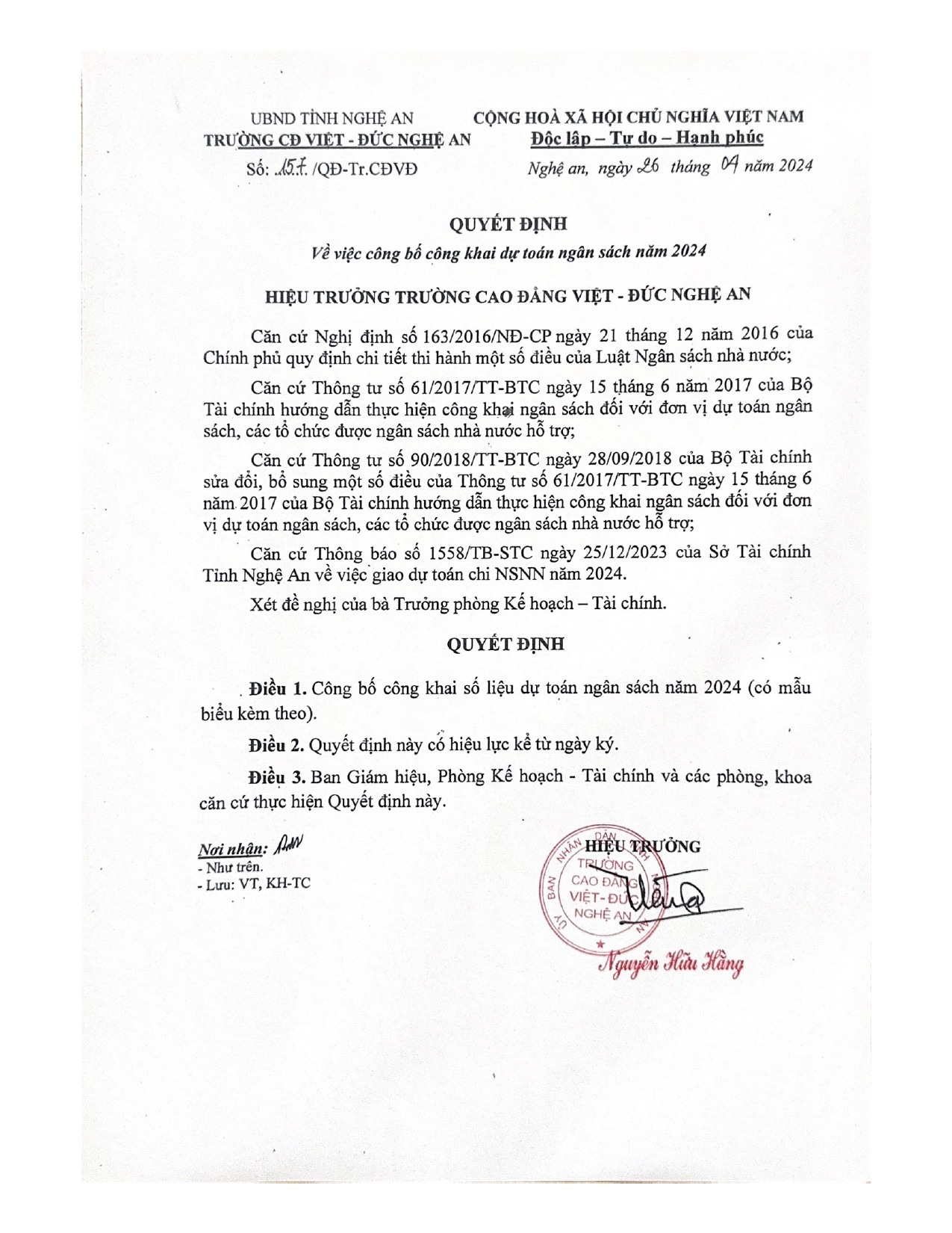 Quyết định số 157/QĐ-Tr.CĐVĐ của Trường Cao đẳng Việt - Đức Nghệ An về việc Công bố công khai dự toán ngân sách năm 2024