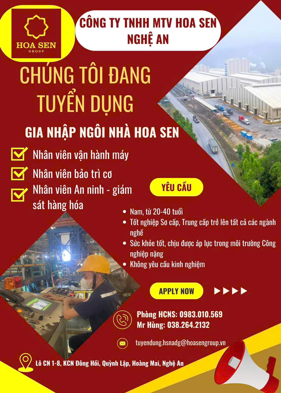 CÔNG TY TNHH MTV HOA SEN NGHỆ AN TUYỂN DỤNG THÁNG 12