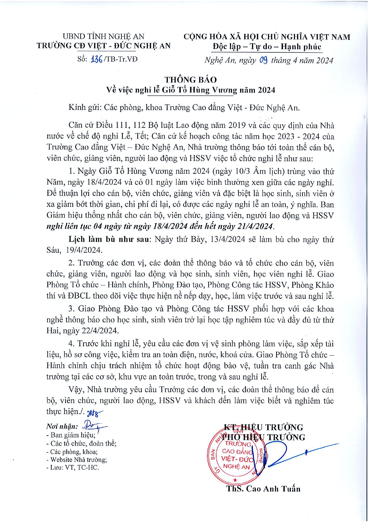  Thông báo số 136/TB-Tr.VĐ của Trường Cao đẳng Việt - Đức Nghệ An về việc nghỉ Lễ Giỗ Tổ Hùng Vương năm 2024