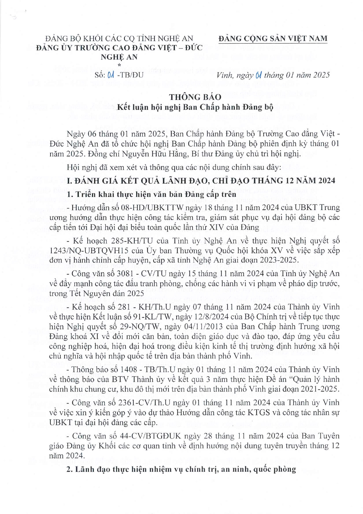  Thông báo số 01-TB/ĐU của Đảng ủy Trường Cao đẳng Việt - Đức Nghệ An Kết luận Hội nghị Ban Chấp hành Đảng bộ phiên định kỳ tháng 01 năm 2025
