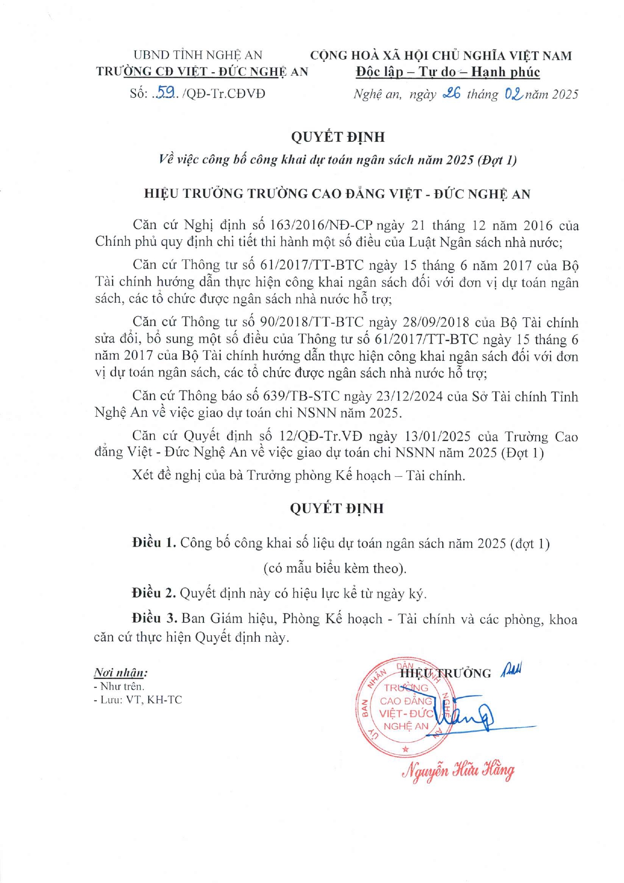 Quyết định số 59/QĐ-Tr.CĐVĐ của Trường Cao đẳng Việt - Đức Nghệ An về việc Công bố Công khai Dự toán ngân sách năm 2025 (Đợt 1)