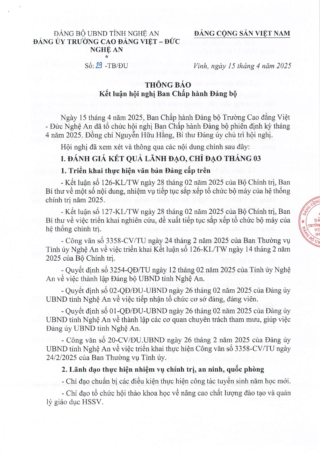 Thông báo số 29-TB/ĐU của Đảng ủy Trường Cao đẳng Việt - Đức Nghệ An về Kết luận Hội nghị Ban Chấp hành Đảng bộ phiên định kỳ tháng 4 năm 2025