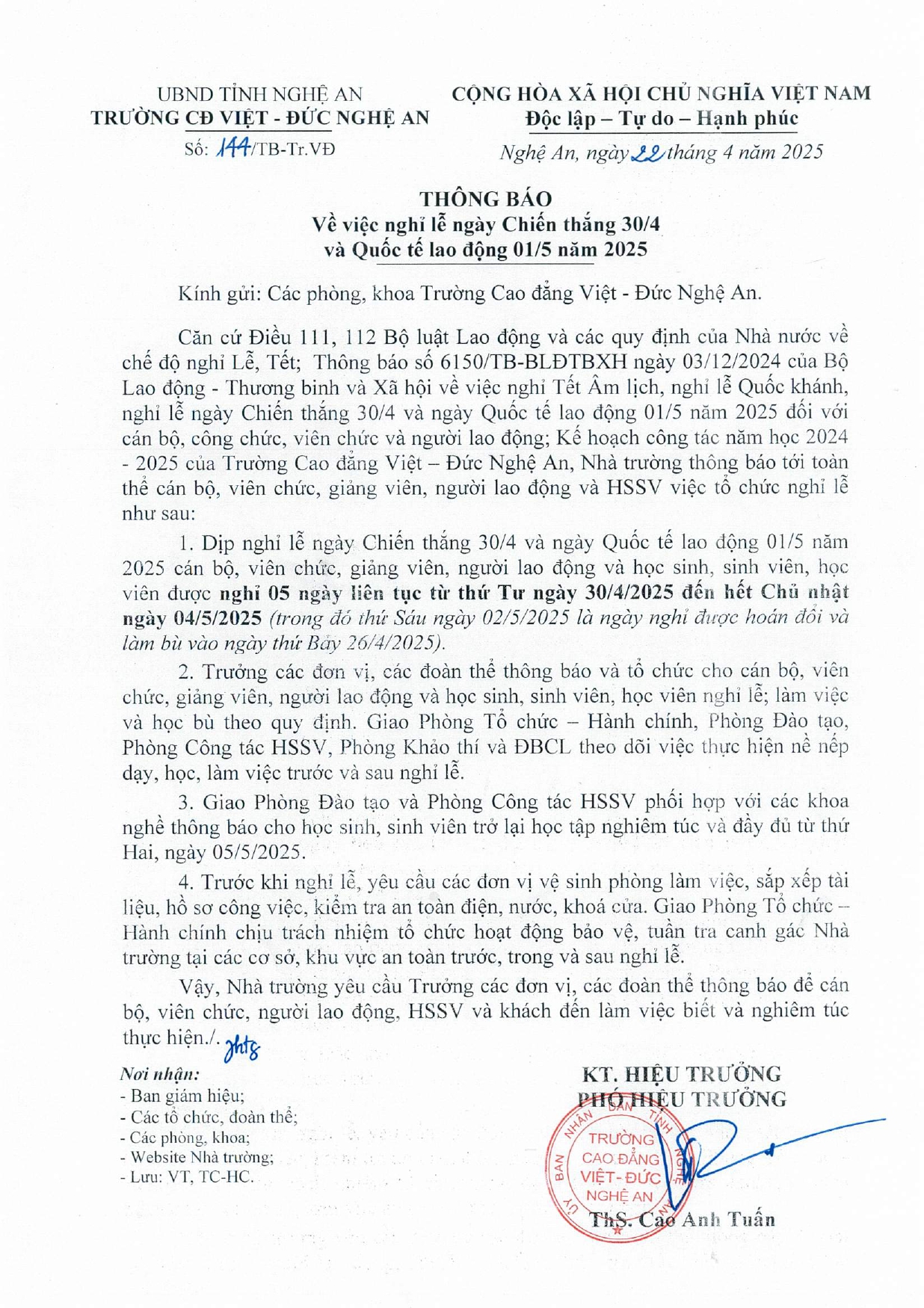 Thông báo số 144/TB-Tr.VĐ của Trường Cao đẳng Việt - Đức Nghệ An về việc nghỉ lễ ngày Chiến thắng 30/4 và Quốc tế Lao động 01/5 năm 2025