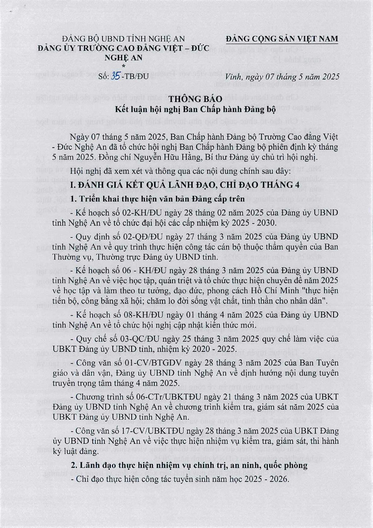Thông báo số 35-TB/ĐU của Đảng ủy Trường Cao đẳng Việt - Đức Nghệ An về Kết luận Hội nghị Ban Chấp hành Đảng bộ phiên định kỳ tháng 5 năm 2025