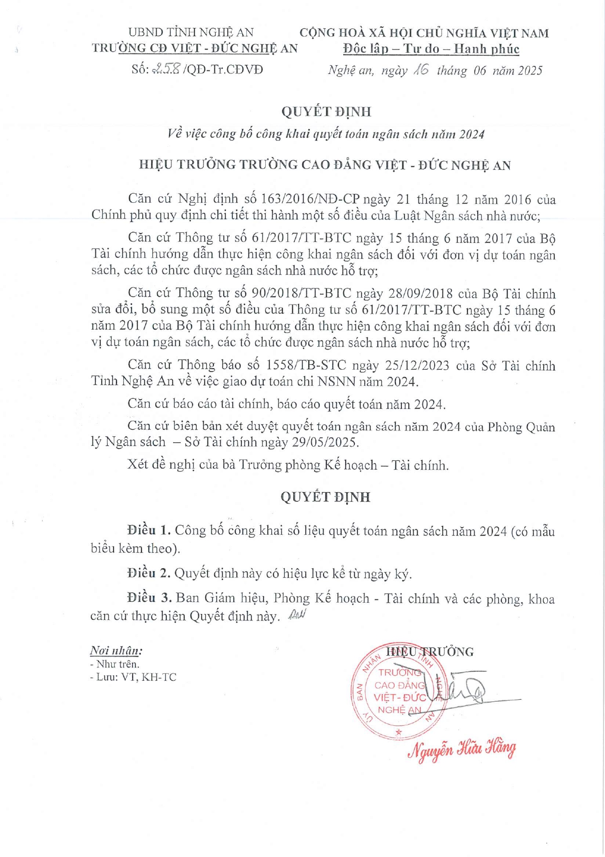 Quyết định số 258/QĐ-Tr.CĐVĐ về việc Công bố công khai Quyết toán ngân sách năm 2024