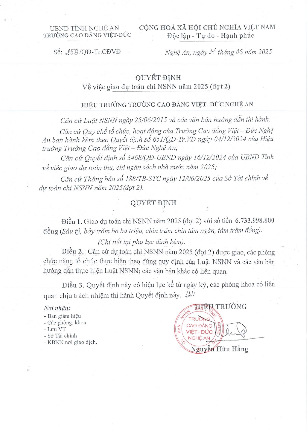 Quyết định số 259/QĐ-Tr.CĐVĐ của Trường Cao đẳng Việt - Đức Nghệ An về việc Giao dự toán chi NSNN năm 2025 (Đợt 2)